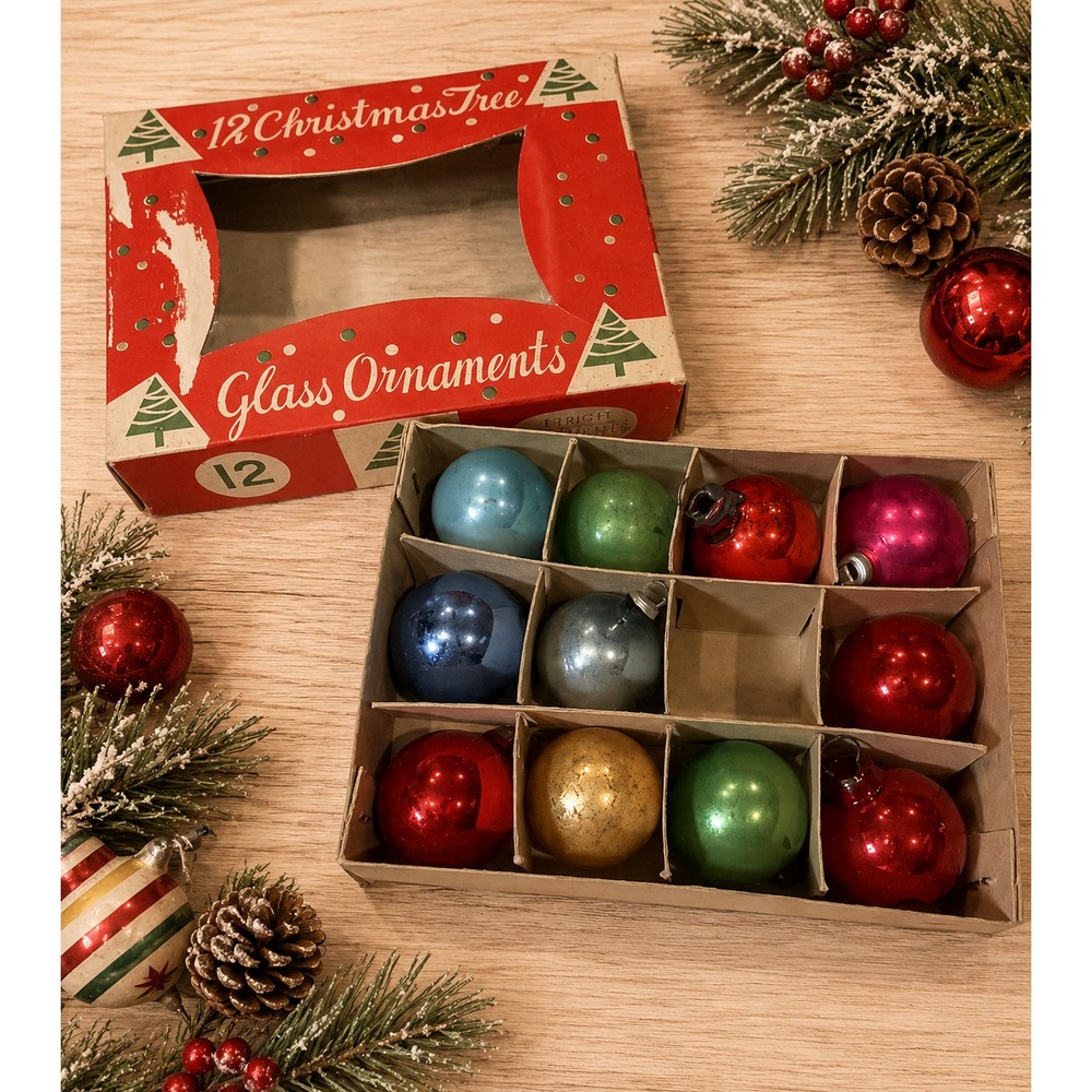 Vintage Blume Mini Glass Christmas Ornaments 11 Count Boxed MCM 1" Retro